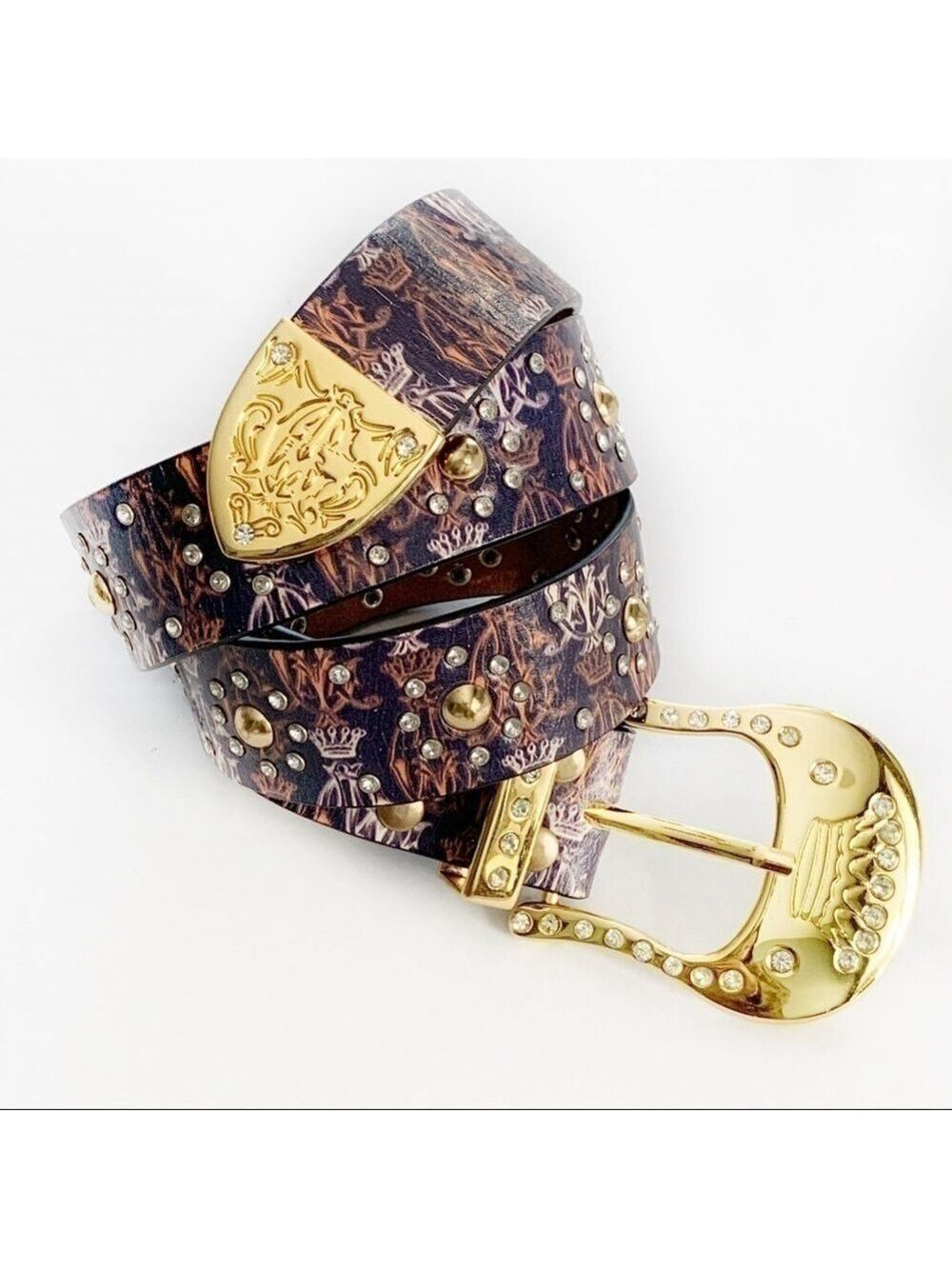 New-Vintage Authentic Christian Audigier Hand Crafted Leather Swarovski Belt LG